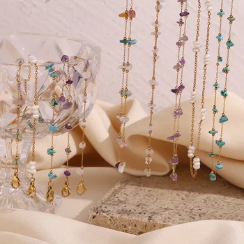 Dreamshow Gemstone Beaded Necklace Bracelet Set Ensembles De Bijoux Gold Plated Stainless Steel Jewelry Set