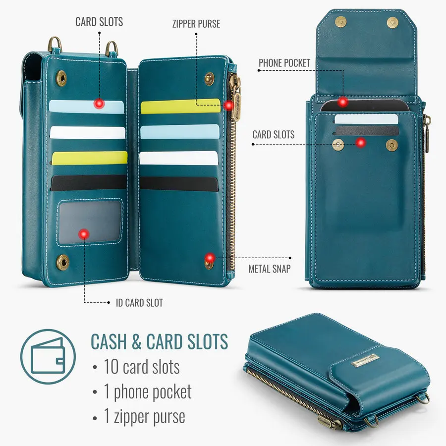 CaseMe R20 RFID Fold Case for Samsung Z Fold 6 5 4 Universal Crossbody Multi-Functional 10Card Slot+1Phone Pocket+ 1Zipper Cases