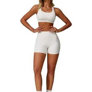 Wholesale Solid Breathable Eco-Friendly Women's Gym Workout Yoga Bra Shorts Ankle-Length Pants 2-Piece Set Halter Neck Crew Neck