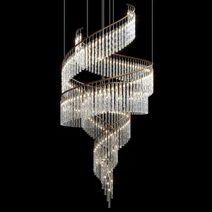 Customize Engineering Luxury Modern Duplex Spiral Staircase Crystal Chandelier Pendant Light Long for Villa Stair