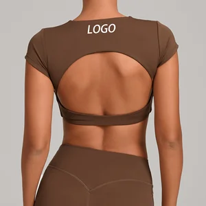 Backless Running Sports Top Double-layer Stitching No Chest Pad Yoga Wear Fitness Short Sleeve Women Spandex/Nylon Breathable