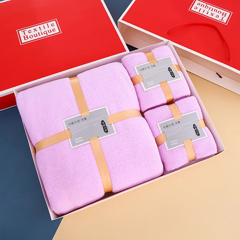Coffret Cadeau Serviettes Velours Corail 5 Pièces - Serviettes Visage Et Cheveux Motif Marguerite