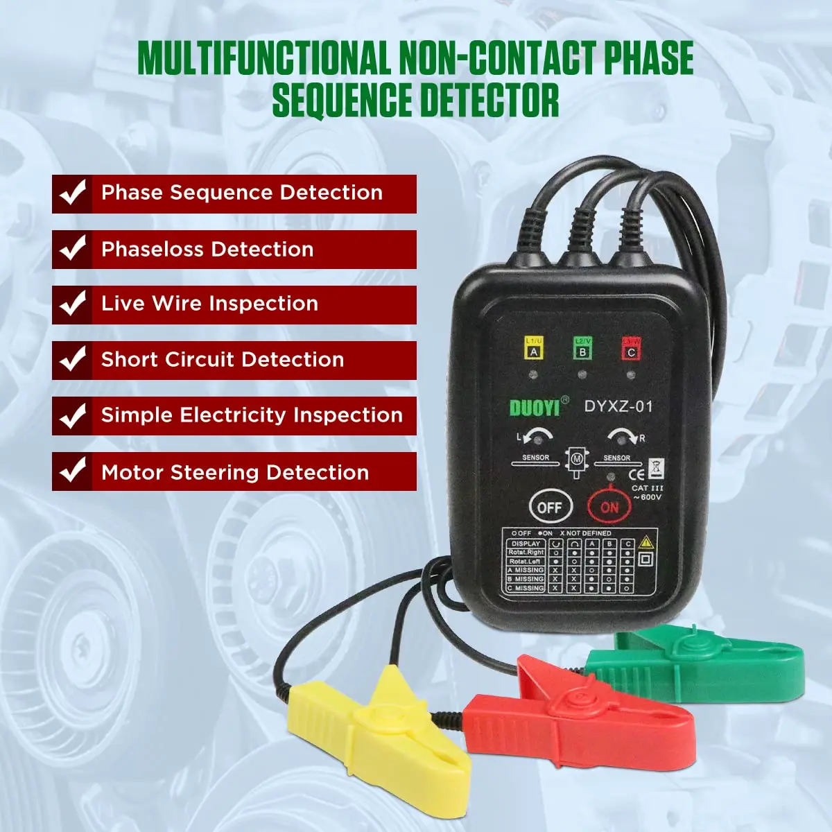 Phase Rotation Meter Non-Contact 3 Phase Motor Rotation Tester AC 70~600V High Magnetic Induction Phase Sequence Detector