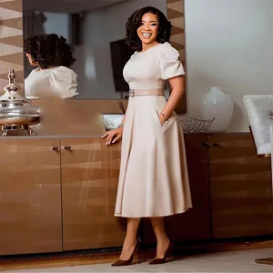 Latest High Street Design Ladies Casual Elegant A-Line Office Church Dress O-Neck Puff Sleeve Modest Party Sexy Women's Dress