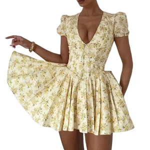 French Sweet Style Summer New Sexy Deep V Puff Short Sleeve Pleated Floral A-Line Eco-Friendly Dress Female Bubble Dress