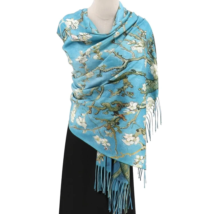 Reversible Winter Pashmina Scarf-Double-Sided Cashmere Feel Shawl Wrap Monet Van Gogh Art Printing Durable Windproof Women's