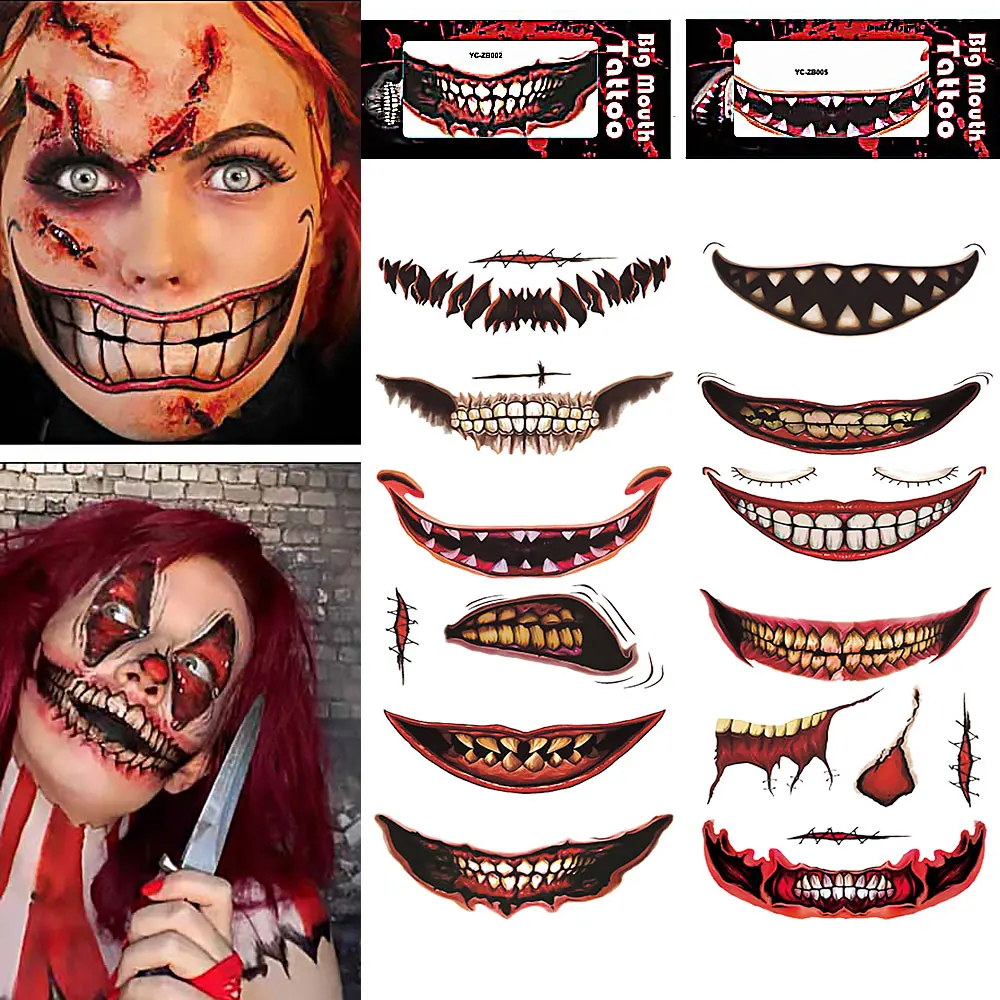 12pcs DIY Halloween Clown Scary Mouth Tattoo Transfer Stickers Waterproof Sweat-proof Good Breath-ability 3-5 Days Durability