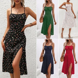 Elegant Summer Floral Print Maxi Dress Casual Custom Clothing Brand Straps Square Collar Washable Chiffon Featuring
