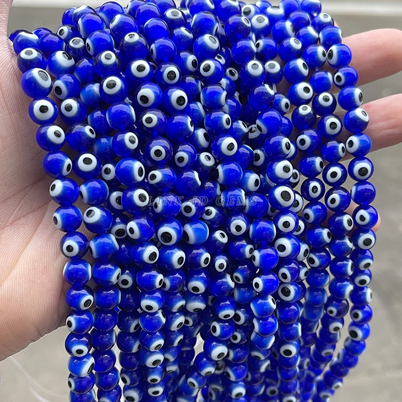 Sapphire Blue Evil Eye Glass Beads - 6mm Round Plate Design, 65 Beads Per String