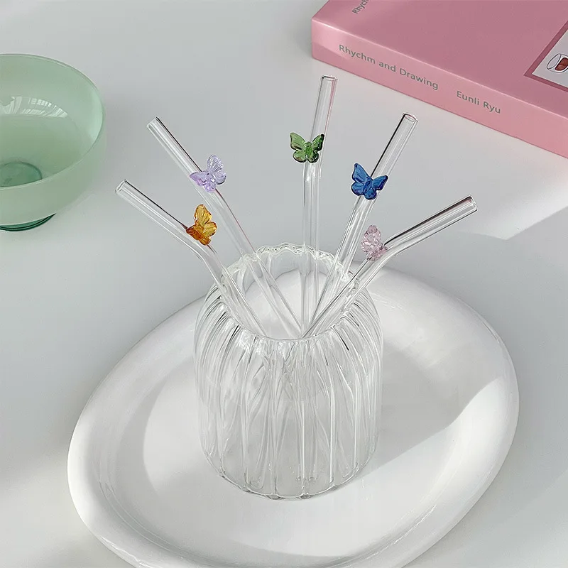 High Appearance Level Colorful New Color butterfly Pyrex Glass Straw Juice Coffee Milk Elbow Straw