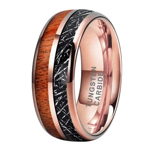 Coolstyle Jewelry 8mm Black Meteorite Koa Wood Inlay Fashion Engagement Wedding Band Rose Gold Tungsten Ring for Men Women