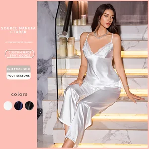 European American Style Faux Silk Loungewear Set Sexy Fashionable Suspender Pants Simple Lace Trim Elastic Waist Summer Casual