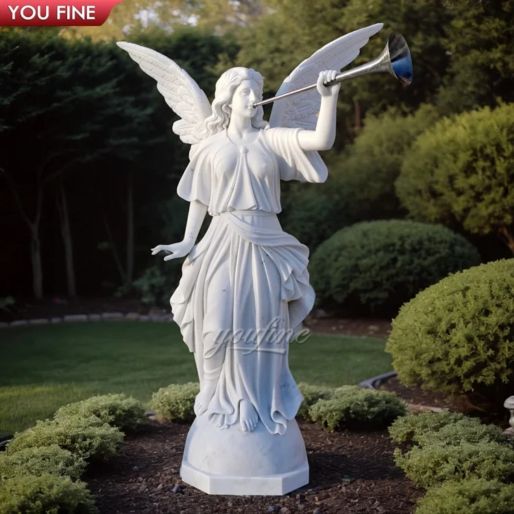 Natural Life Size White Marble Angel Wings Statue with Trumpet for ...