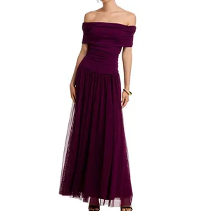 Popular Style Lady Ruched Gown Elegant Off-the-Shoulder Neck Maxi Fit and Flare Dress Women's Dresses