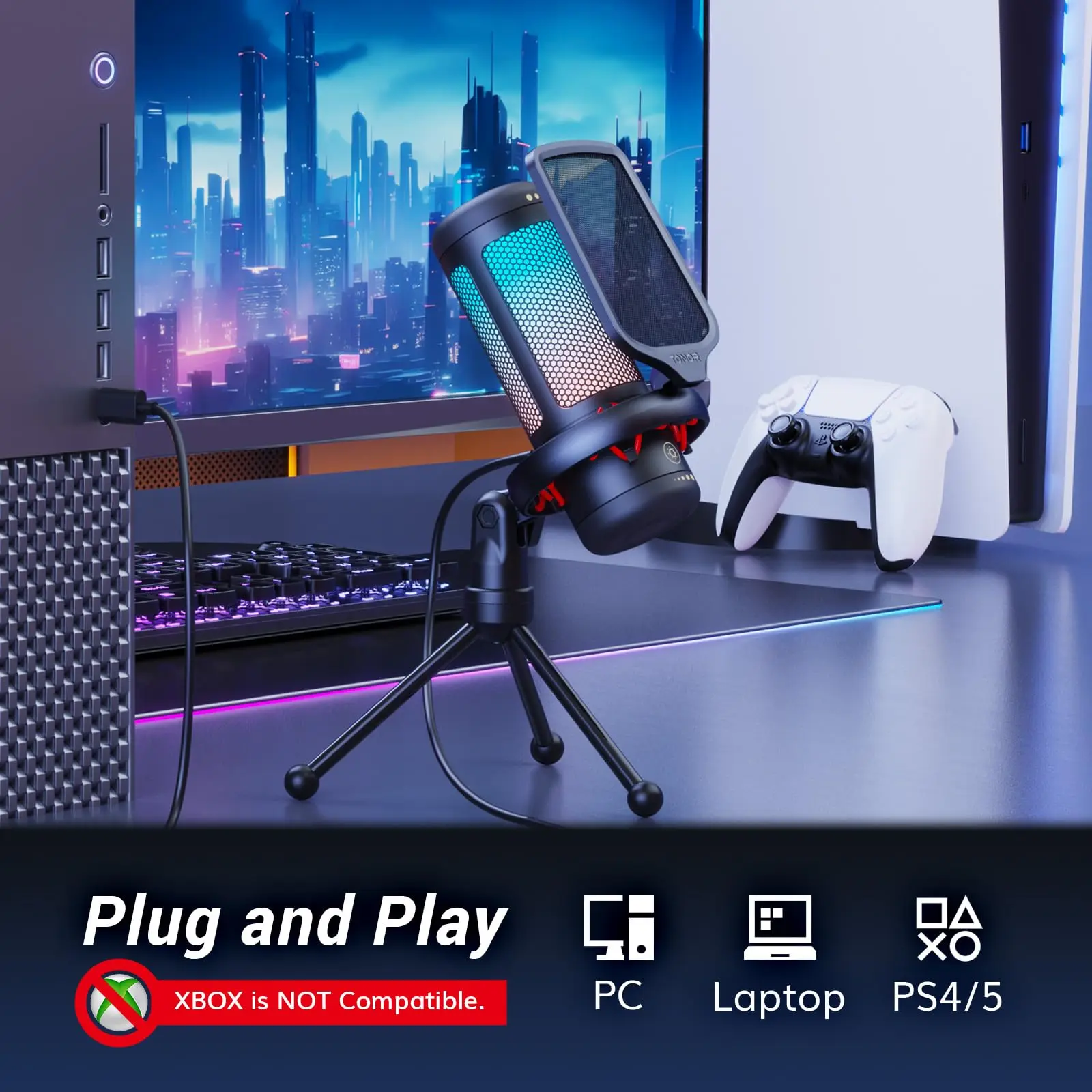 TONOR TC310 RGB USB Studio Gaming Microphone with Professional Metal Tripod for Streaming Music Studio
