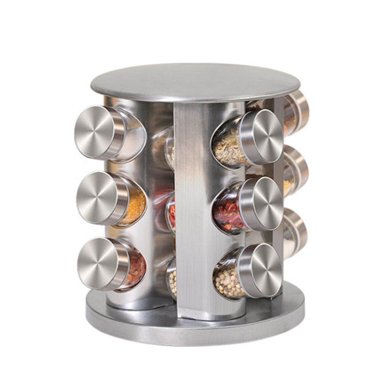 12-Jar Stainless Steel Revolving Countertop Spice Rack Tower Standing Type Metal Kitchen Cabinet Organizer