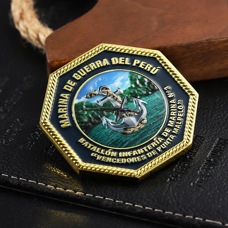 Gold Color Spray Printing Hexagon Anchor Enamel Design Coins