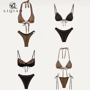 Leopard & Black Two-Tone Push up Halter 2 Piece Set Swimwear Assortment