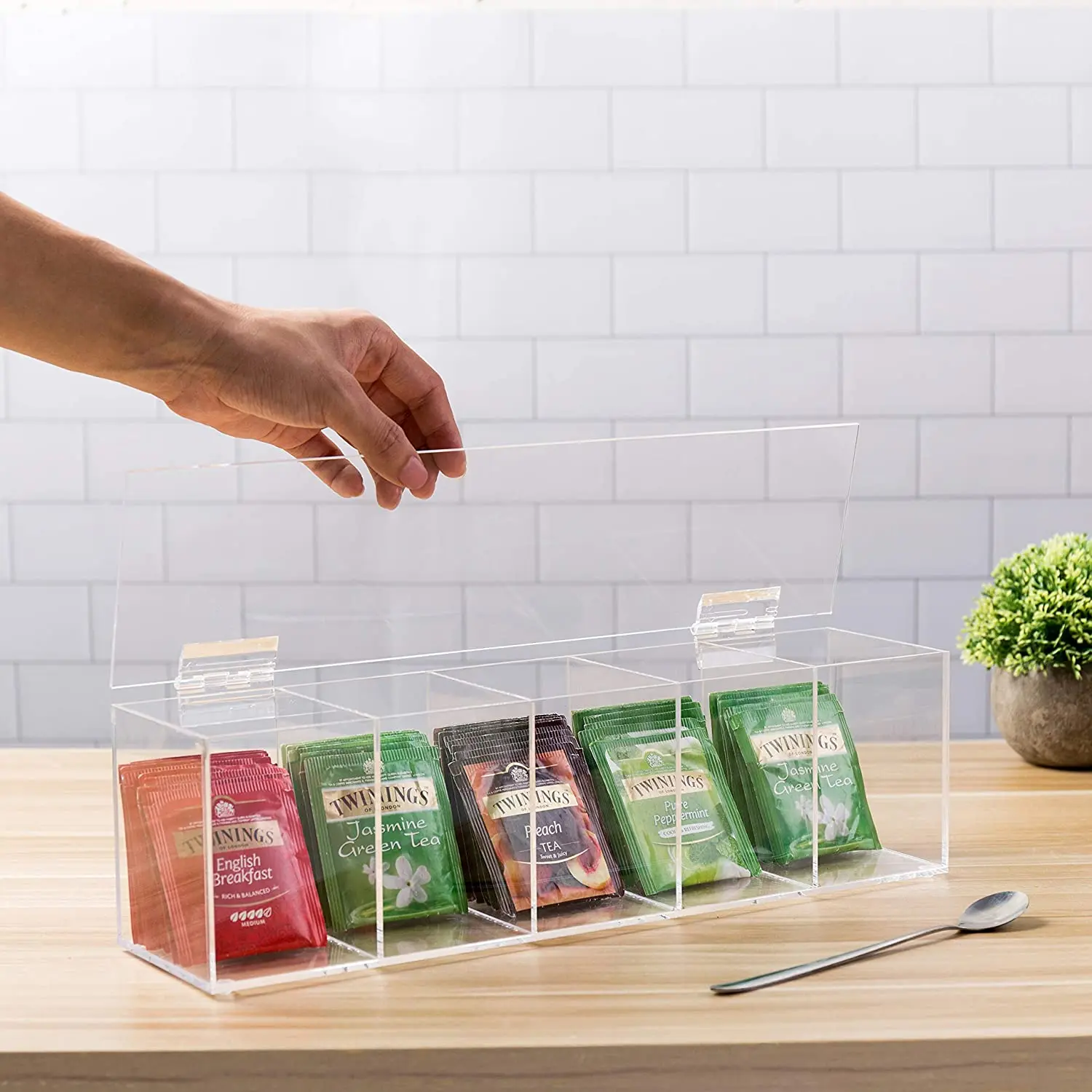 Clear Acrylic Tea Bag Holder Organizer With Hinged Lid,Acrylic 5 Compartment Tea Bag Box for Assorted Teas and Condiments