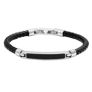 Men's Braided Real Leather Bracelet Black with Stainless Steel and Black Onyx Men Bracelet