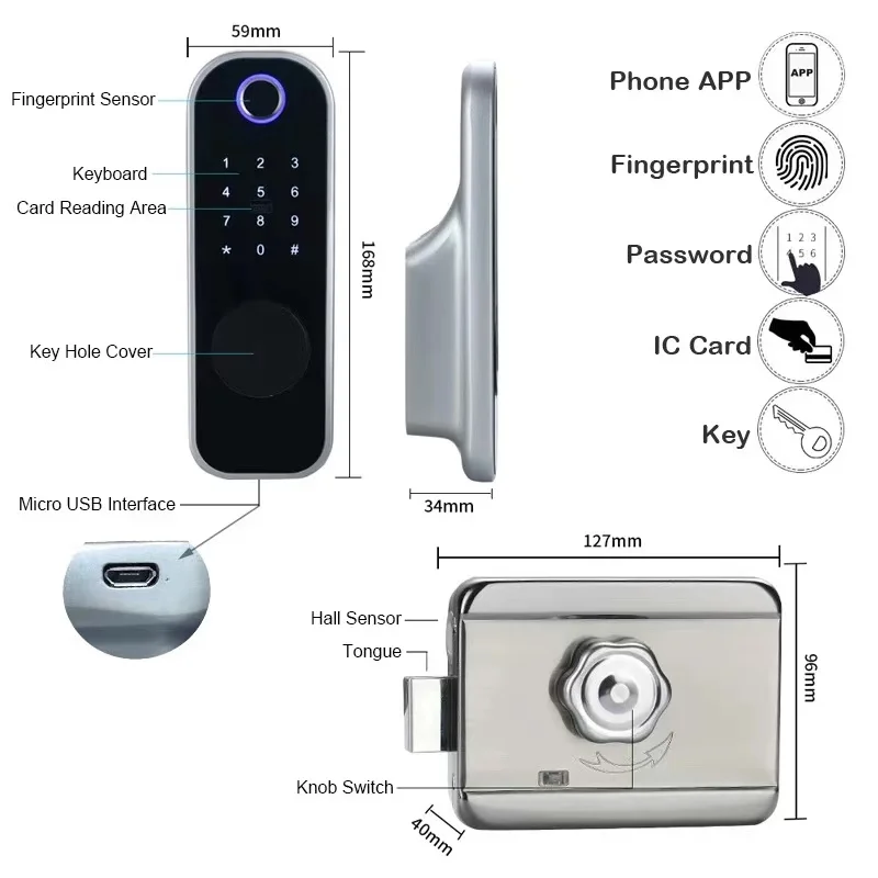 Grade C Lock Cylinder Smart Door Lock with 2 Years Warranty and 30-90mm Door Thickness