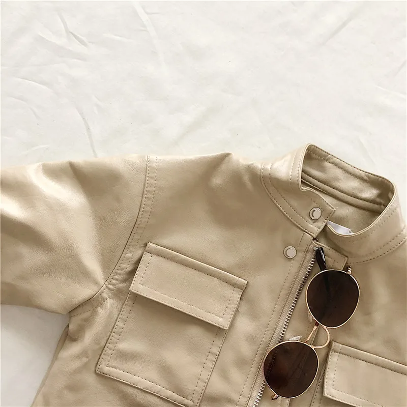 Q30727 Toddler Girls 2 - 9 Years unisex Pocket Cropped Fox Leather Jacket outwear kids PU coat Shirt Crop