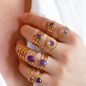 MW Stainless Steel Rings Jewelry Women 18k Gold Plated Non Tarnish Open Adjustable Ring Purple Natural Stone Healing Ring