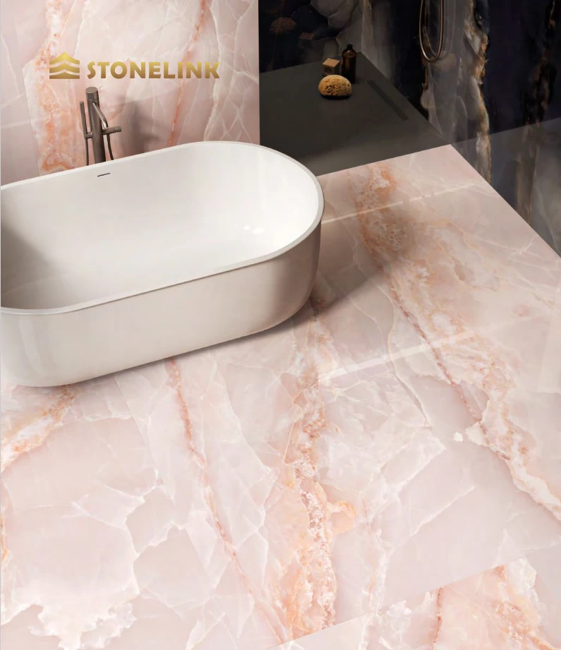 Stonelink Customized Natural Backlit Translucent Polished Rose Pink Onyx Marble Stone Slabs for Tiles Vanity Tops