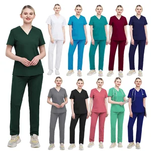 Hospital Scrub Uniform for Nurses Doctors V-neck Short Sleeve Scrubs Set Soft Breathable Fabric Comfortable Surgical Workwear