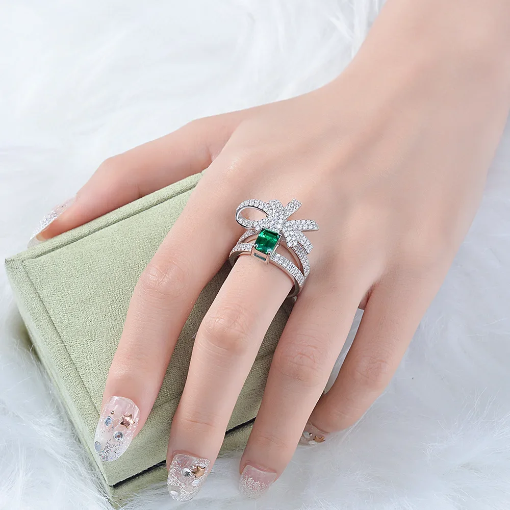 MUSHAN Jewelry Factory MGI Lab Grown Gemstones Emerald Ring Open Adjustable Engagement Bands 925 Sterling Silver Rings Jewelry
