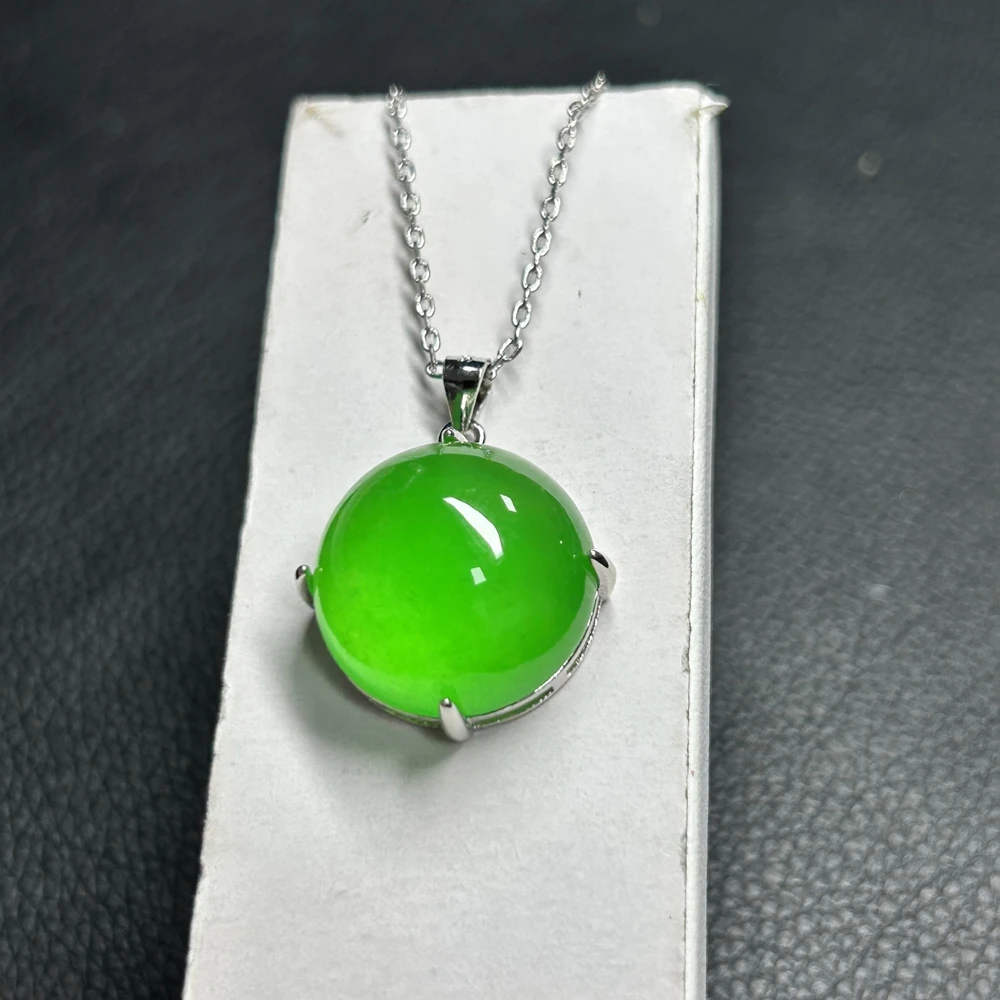 HQ Gems S925 Silver Natural Burma Green Jade 20mm Round Jadeite Jewelry  Pendant Necklace