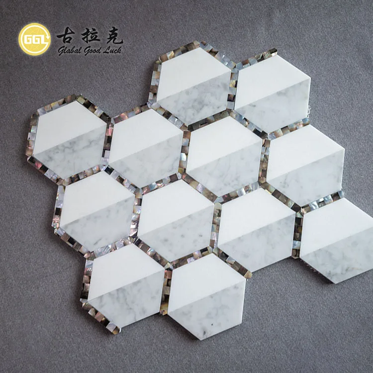 Hexagon Shape Thassos White Marble Mix Shell Waterjet Mosaic Tiles manufacture