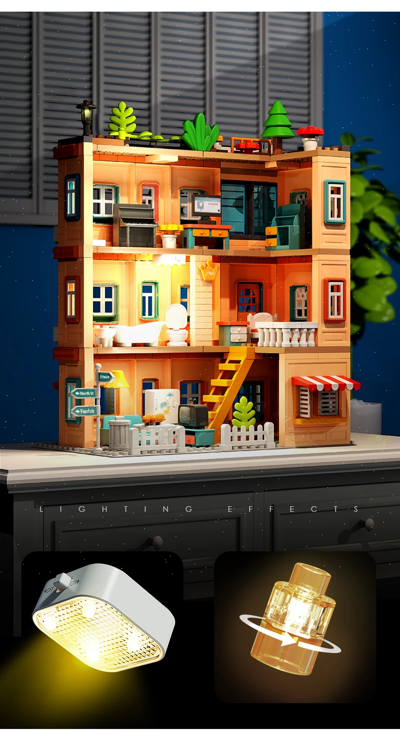 FEELO2024, новый 382 шт., строительные блоки для виллы, Прямая продажа с фабрики, трехэтажный Солнечный двор, строительные блоки для виллы для детей