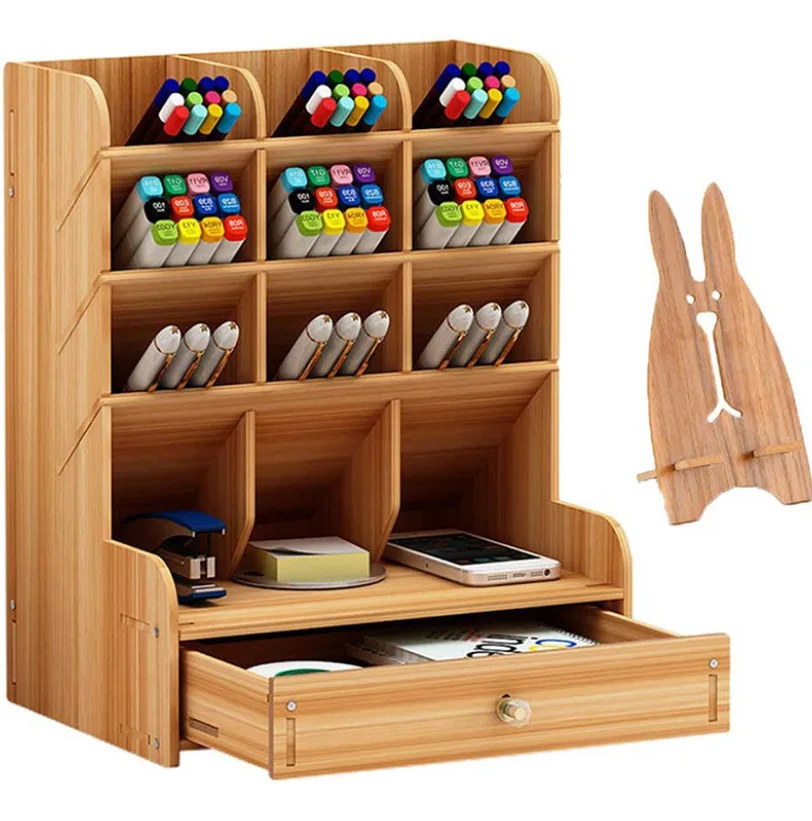 Luxury Office Desk Organizer with Drawer Pen Holder Bamboo Wood Pen Holder for Desk