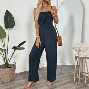 Off Shoulder Shirring Sexy Women Jumpsuits Elastic Waistband with Straps Straight Leg Lady Playsuits