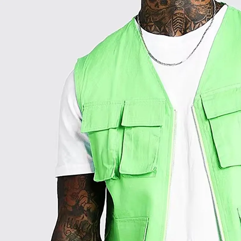 Breathable Neon Green Denim Vest Jacket for Men Plus Size OEM