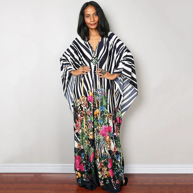 Luxury Women’s Beach Kaftan Cover Up – Colorful Print Maxi Dress with Bat Sleeves