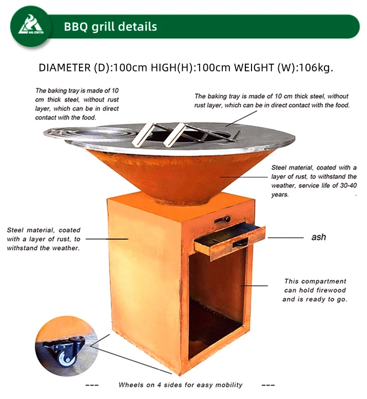 Outdoor Corten Steel European Bbq Grill Metal Barbecue Pit Bbq Grill Outdoor Corten Steel Fire