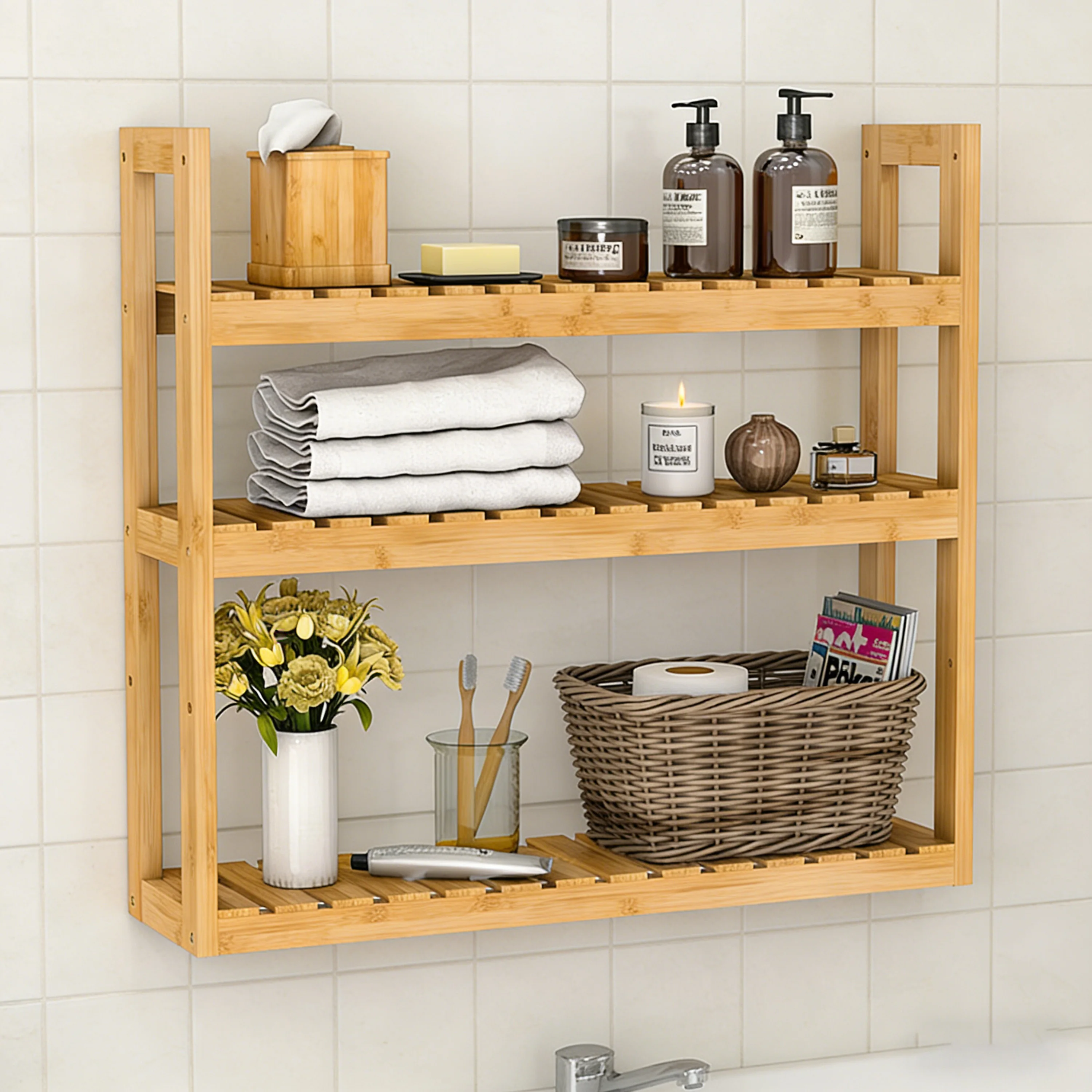 3-Tier Modern Bamboo Bathroom Spice Shelf Wall Mounted Space-Saving Floating Storage Rack Shower Vanity Toilet Multipurpose