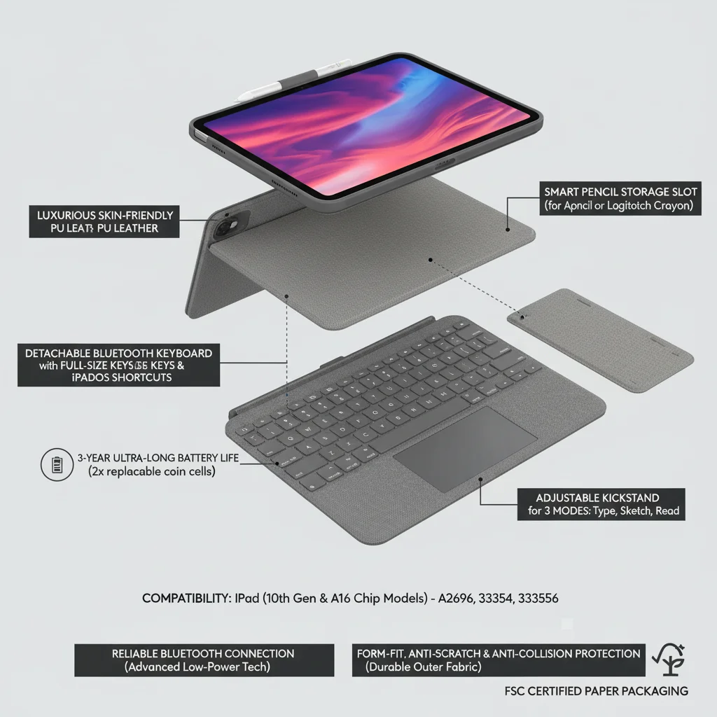 product slim folio keyboard case for ipad 10th gen  a16 with integrated bluetooth wireless keyboard for ipados shortcuts laudtec-11