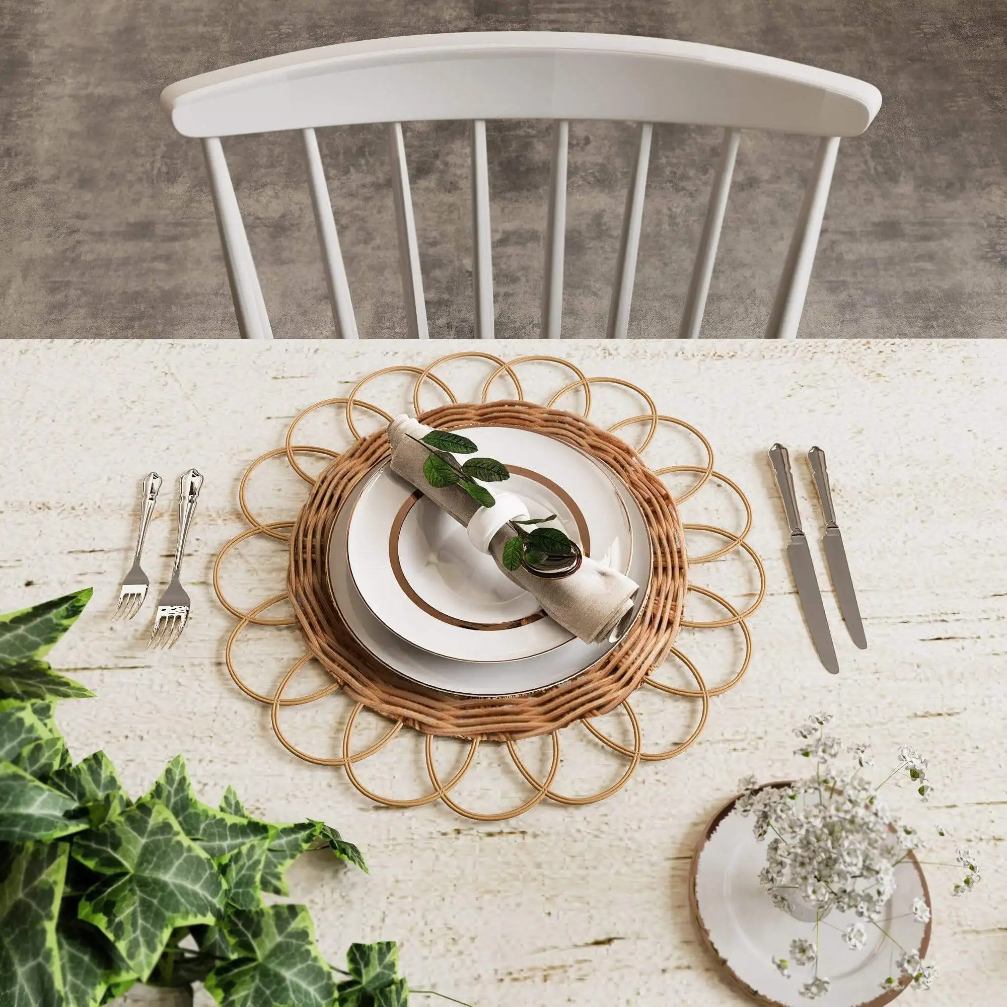 Elegante Tovaglietta Bohémien a Forma di Fiore, Intrecciata in Vimini e Rattan, Sottopiatto Decorativo per Tavola da Pranzo