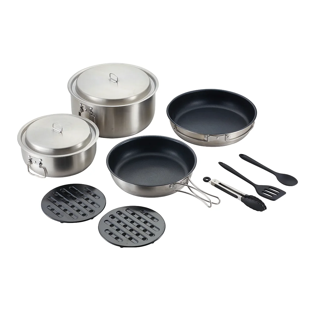 Customized 11Pcs Stainless Steel 304 Camping Cookware Eco Friendly Camping Pot Cookware Set For Outdoor