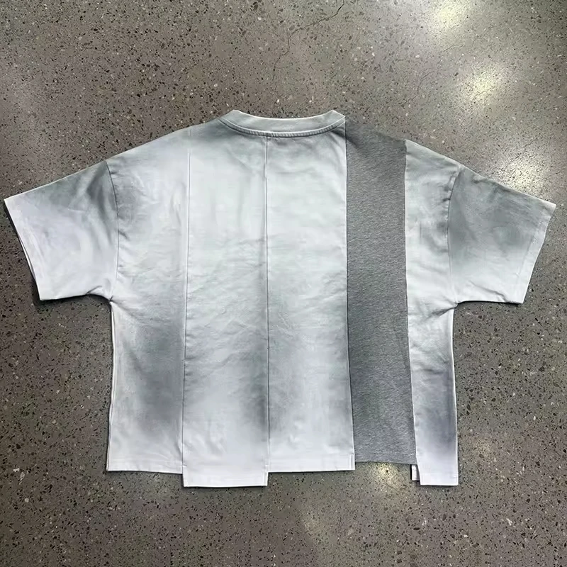 SLALTI Custom Cotton Splicing Dirty Heavyweight Cropped T-Shirt Screen Printing Tees Irregular Patchwork Boxy T-Shirt Men gallery 2