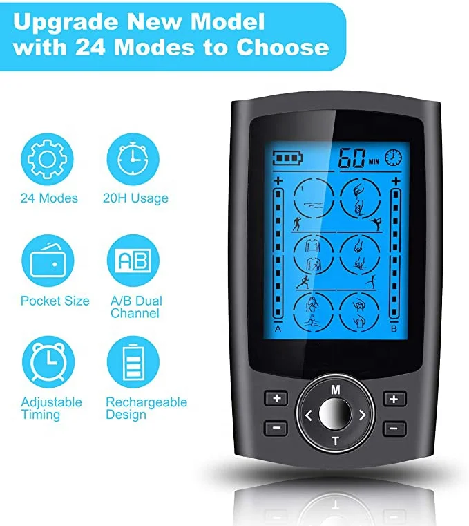 Dual Channel TENS Unit Muscle Stimulator with 20 Modes, 2" and 2" x 4" TENS Unit Electrode Pads