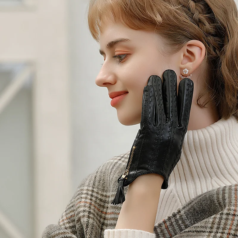 Пользовательские Модные Шелковые молнии смартфон натуральная кожа перчатки для