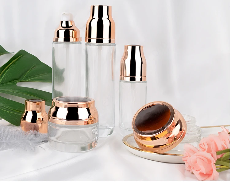 High quality frost round glass foundation bottle skincare cream jar cosmetic lotion bottle with gold cap details