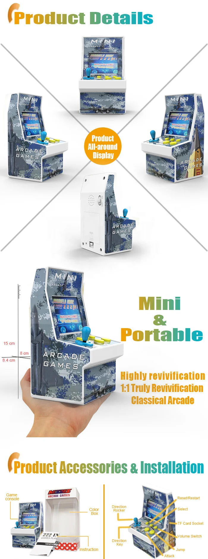 Handheld Game Players Retro 8-bit 222 Classic Games Console Consola de Juegos Mini Arcade Machine for Kids