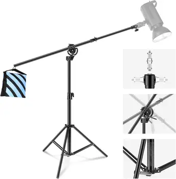Neewer 2-in-1 Photography Light Stand, Aluminum Alloy 9.7ft Heavy Duty Tripod Stand With 3.8ft Boom Arm and Empty Sandbag for