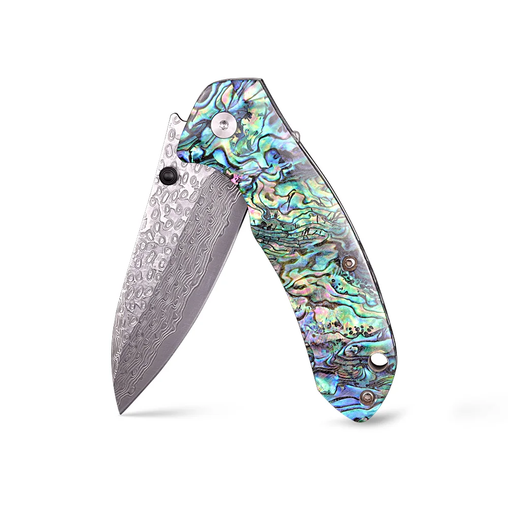 Exquisite Natural Shell Handle Key Knife Damascus Steel Women Portable Self Defense Folding Pocket Knife