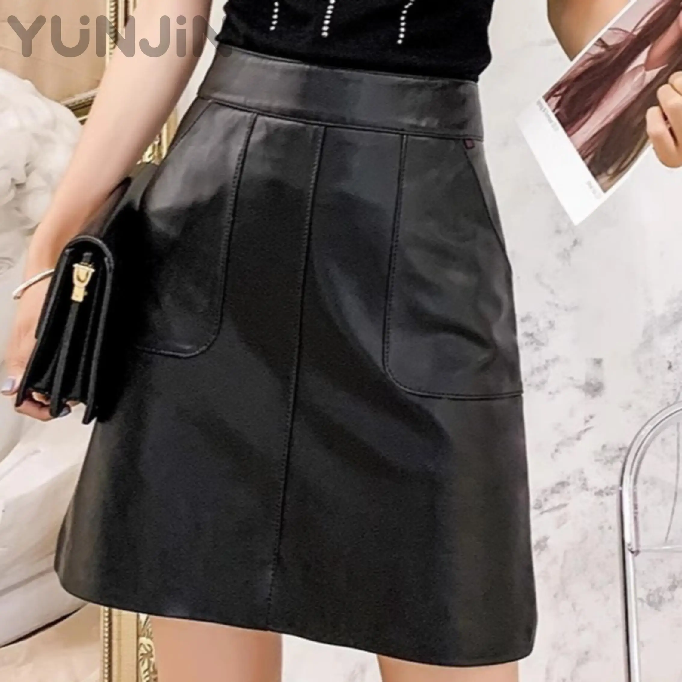 Women Genuine Sheep Leather Skirt High Waist Slim